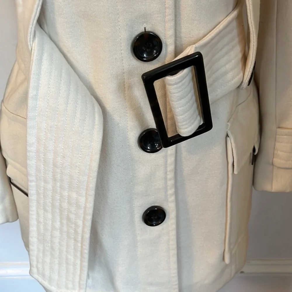 Zara Ivory Wool Blend Unique Coat w/big buckle belt,pockets button up Size Small - Picture 11 of 14